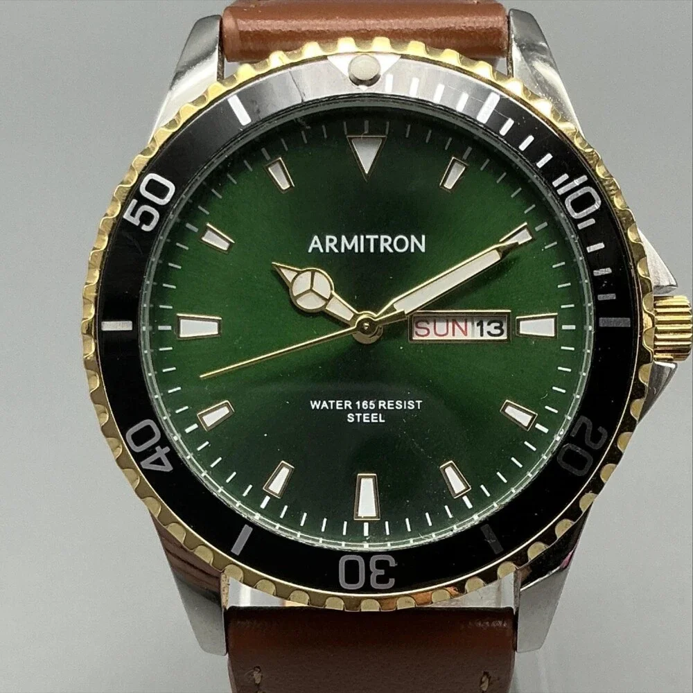 Armitron 20/5483TT Mens Watch 42mm Green Dial Brown Leather Day Date New Battery